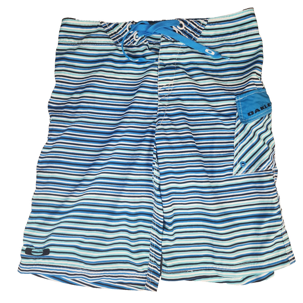 Oakley Men's Striped Swim Trunks Blue White SABRE Pocket Board Shorts Size 30
